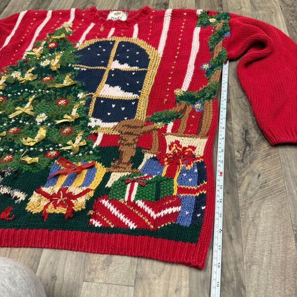 Vintage 3D knit ugly Christmas intarsia sweater with cat - Picture 3 of 5